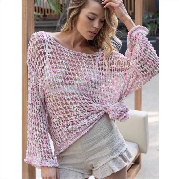 POL Pink Cream Fishnet Sweater Loose Knit Fishnet Tunic Sweater - Picture 7 of 14